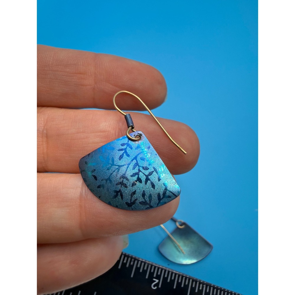 Vintage Blue Glass Bead and Anodized Fan Dangle Earrings Lot of 2 Pairs - Picture 2 of 3